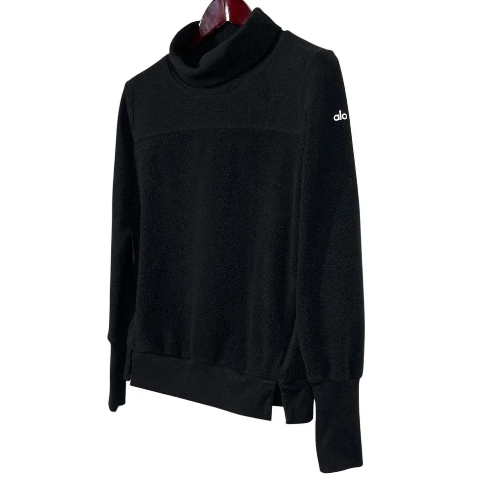 Alo Yoga Haze Funnel Neck Sweatshirt Sz S Black Micro-Fleece Pullover Athleisure